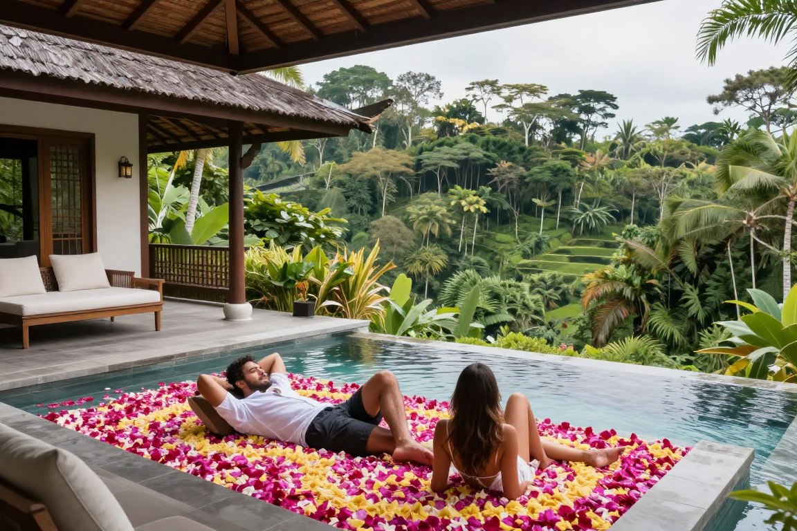 Cuplu relaxându-se într-o vilă cu piscină privată în Bali, destinație din top 5 țări de vizitat în luna de miere