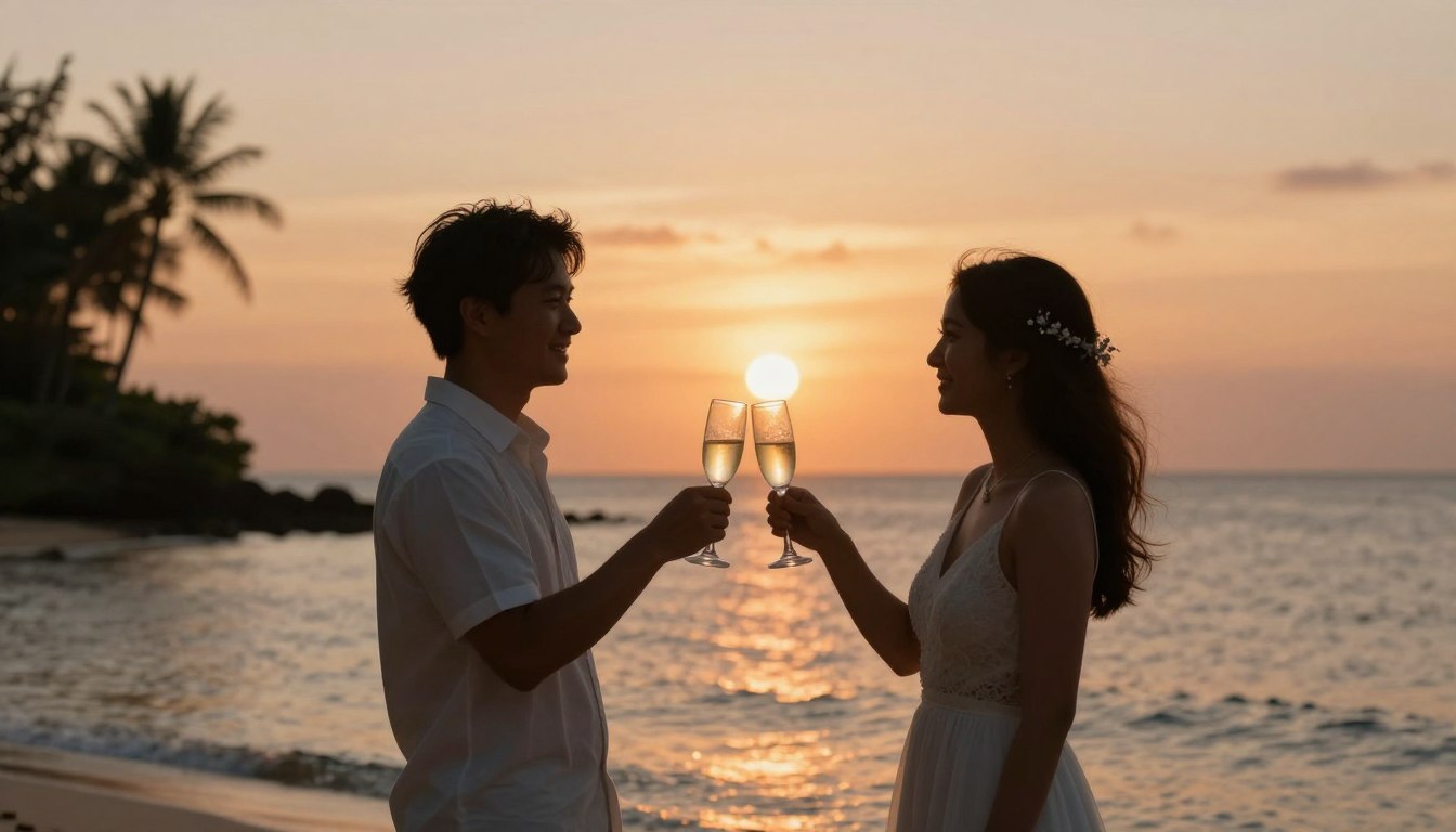 Cuplu fericit în luna de miere, sărbătorind pe plajă la apus, într-una din top 5 țări de vizitat în luna de miere