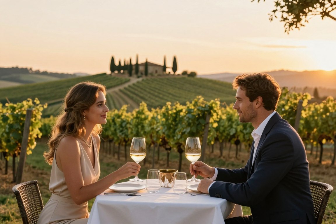 Cuplu savurând un pahar de vin într-o podgorie din Toscana, Italia, destinație din top 5 țări de vizitat în luna de miere
