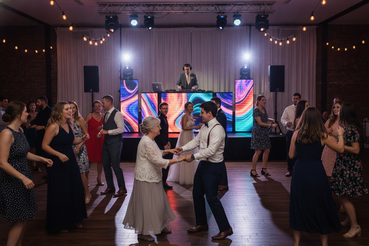 Invitați de mai multe generații dansând la o nuntă cu DJ